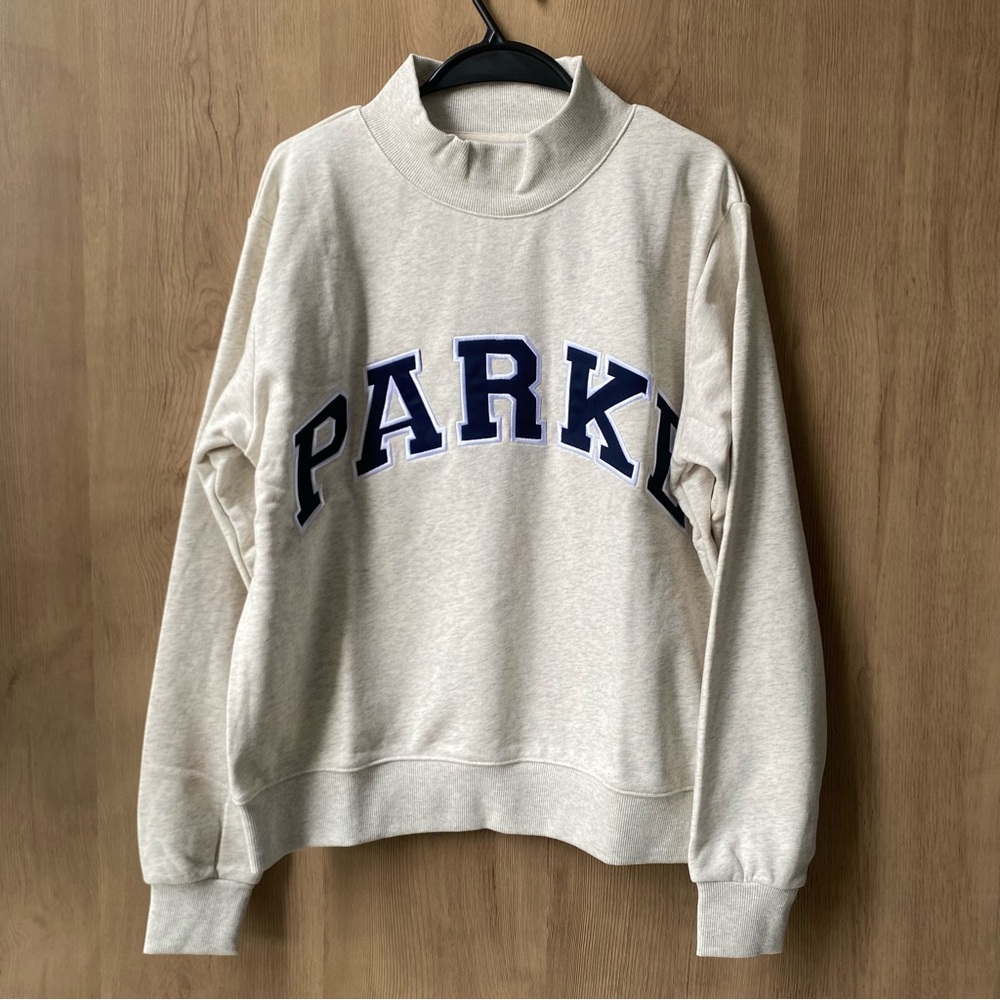Parke Cream Mock Neck Sweatshirt with Navy Applique